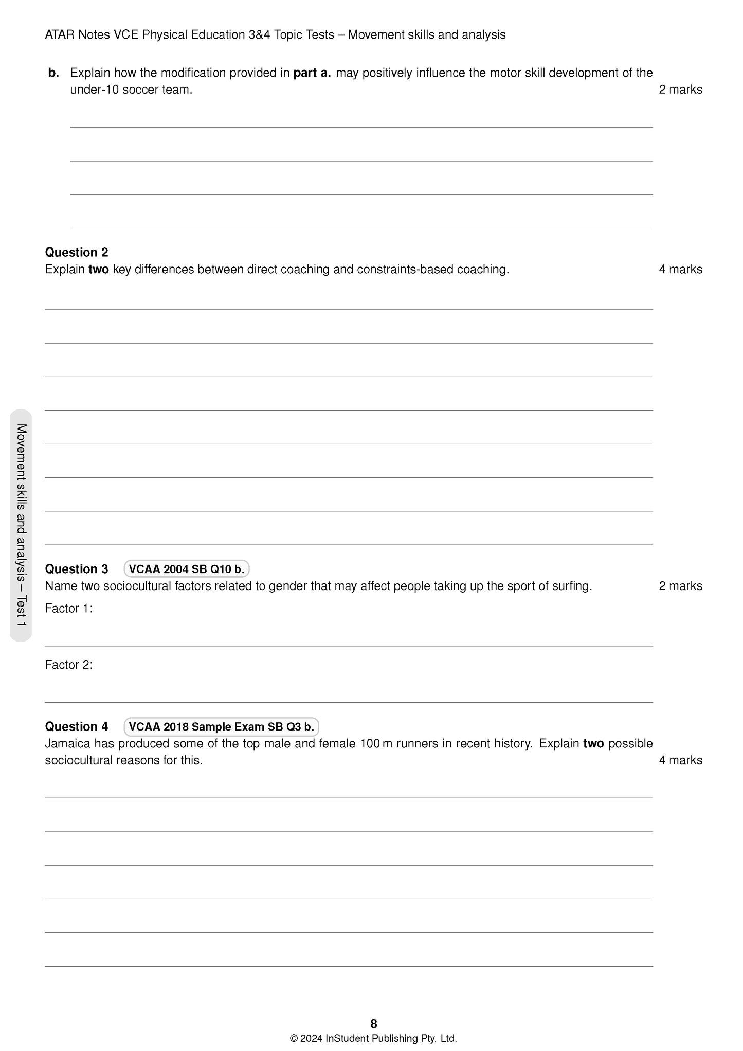 White page of Physical Education Topic Tests by ATAR Notes, showing questions and lines for answers.