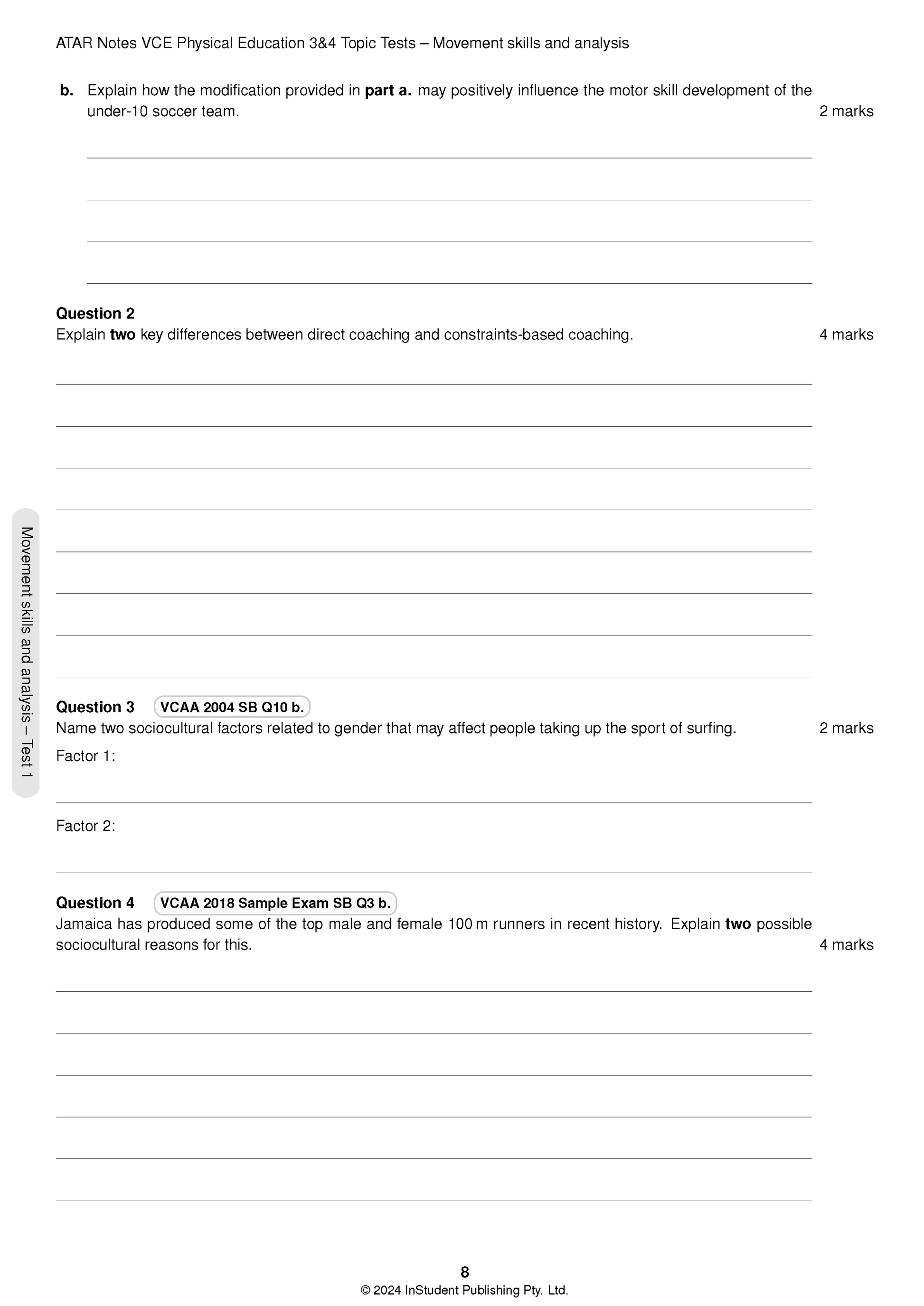 White page of Physical Education Topic Tests by ATAR Notes, showing questions and lines for answers.