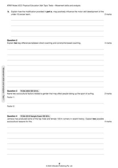 White page of Physical Education Topic Tests by ATAR Notes, showing questions and lines for answers.