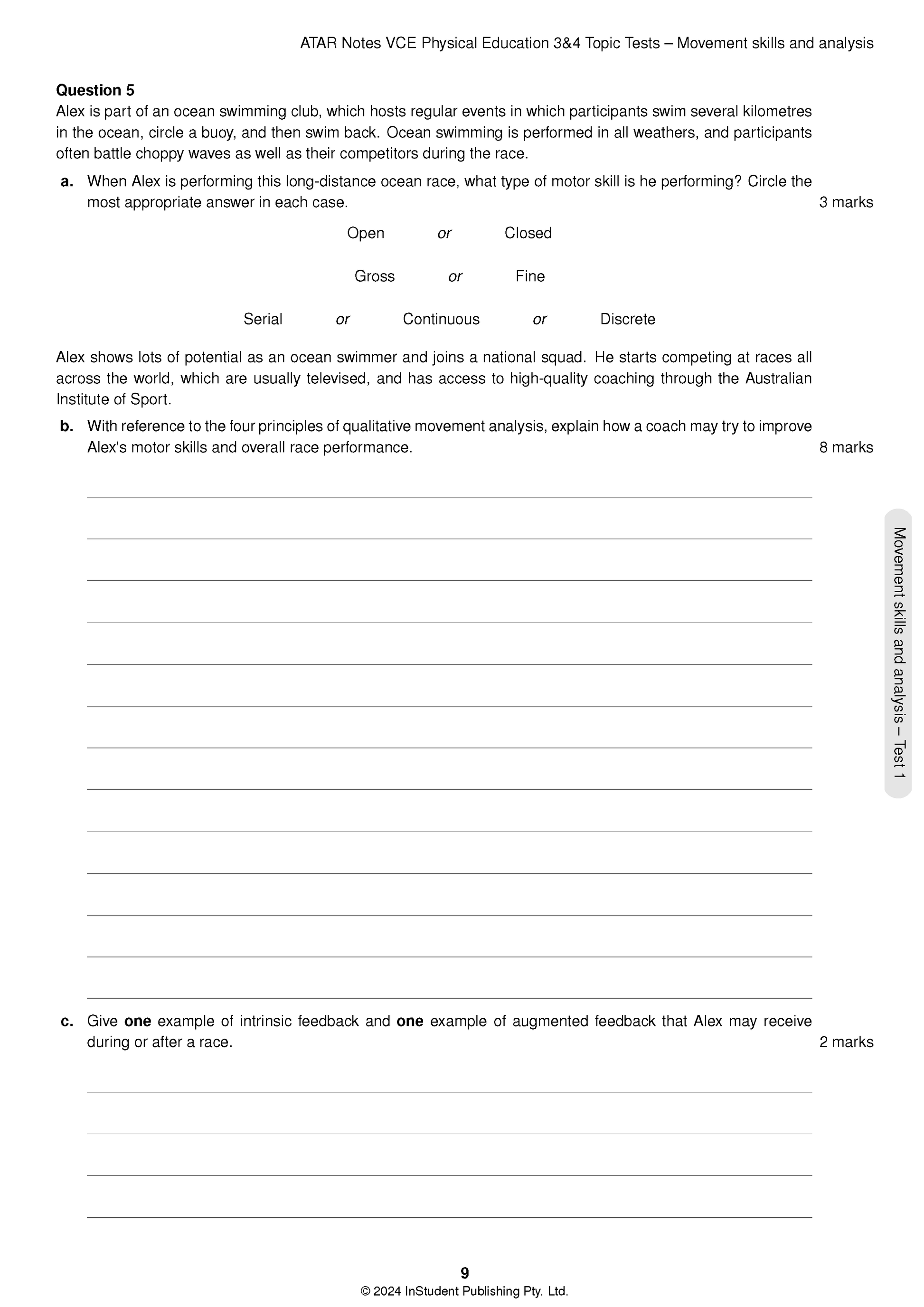 VCE Physical Education 3&4 Topic Tests (2025-2027) by ATAR Notes, a white test page with questions and answer lines.