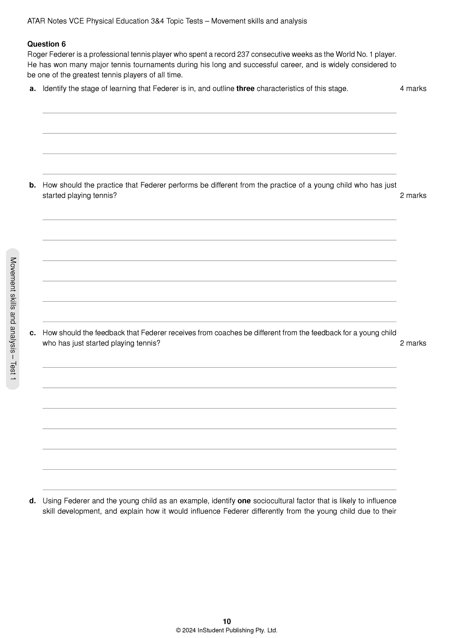 Physical Education 3&4 Topic Tests by ATAR Notes VCE, a white page with black text for Question 6 about Roger Federer and blank answer lines.