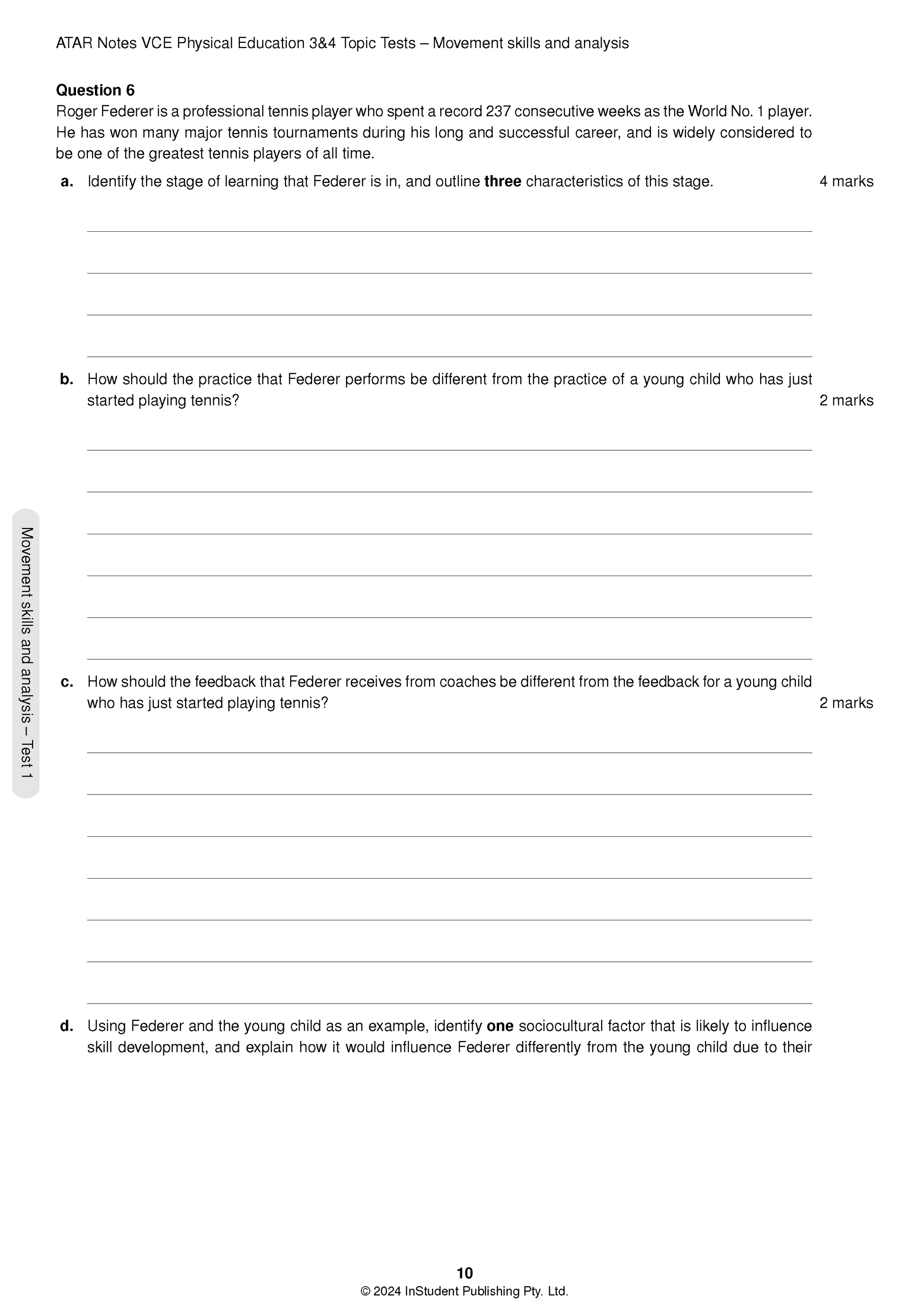 Physical Education 3&4 Topic Tests by ATAR Notes VCE, a white page with black text for Question 6 about Roger Federer and blank answer lines.