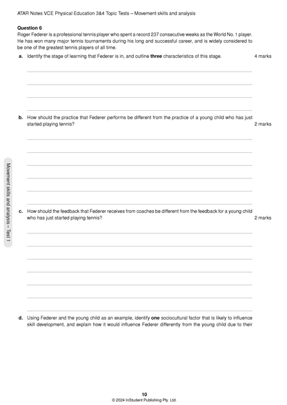 Physical Education 3&4 Topic Tests by ATAR Notes VCE, a white page with black text for Question 6 about Roger Federer and blank answer lines.