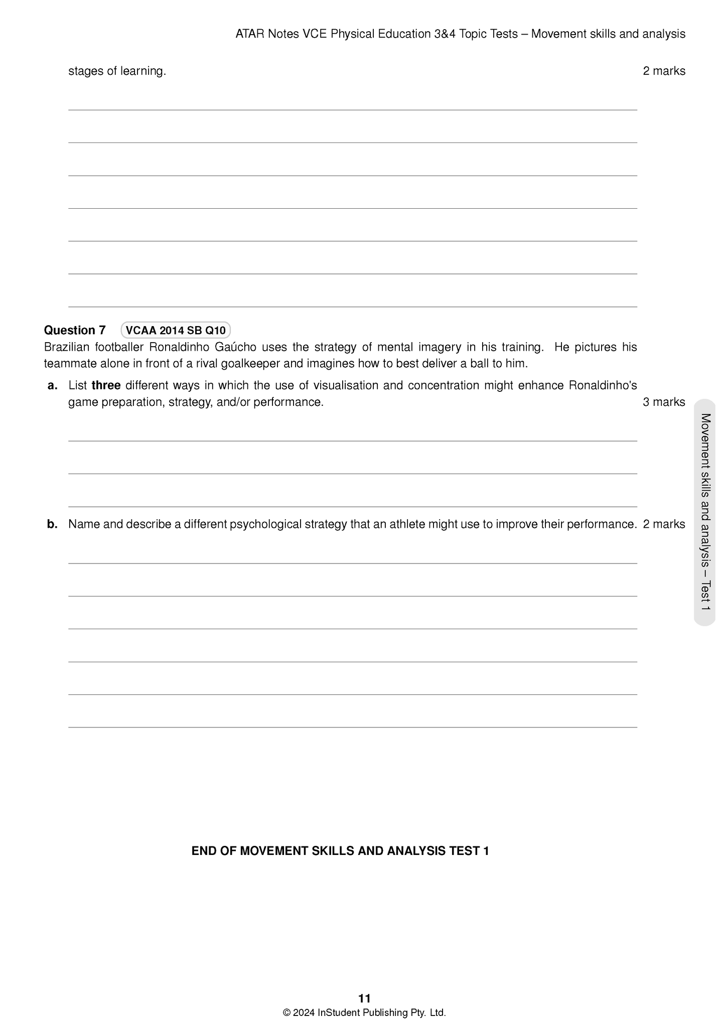 VCE Physical Education 3&4 Topic Test page by ATAR Notes, white with black text, questions, and blank lines.