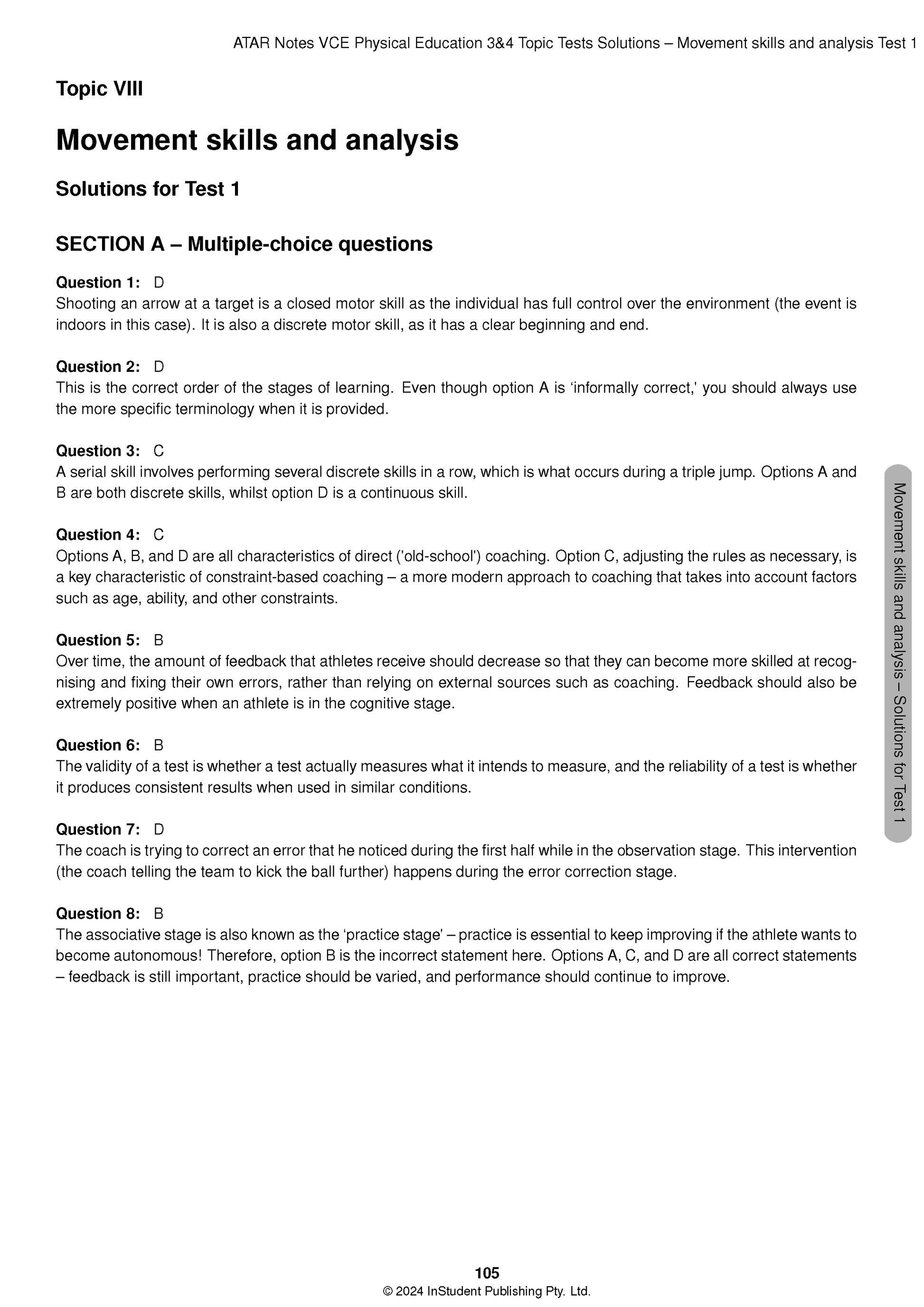 VCE Physical Education Topic Tests booklet by ATAR Notes, displaying 'Movement skills and analysis' solutions on page 105.