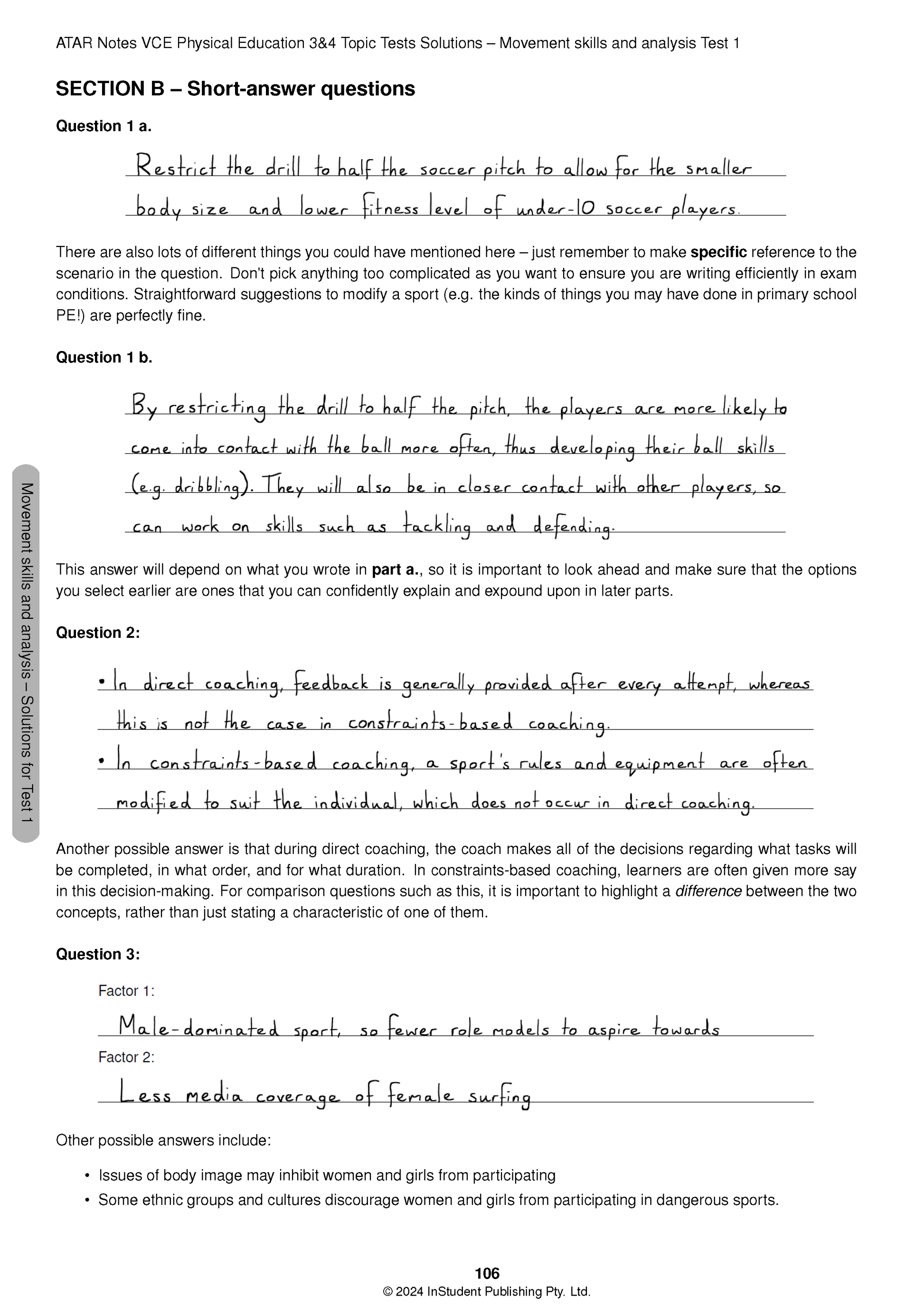 Solutions page from VCE Physical Education Topic Tests by ATAR Notes, with short-answer questions and handwritten answers.