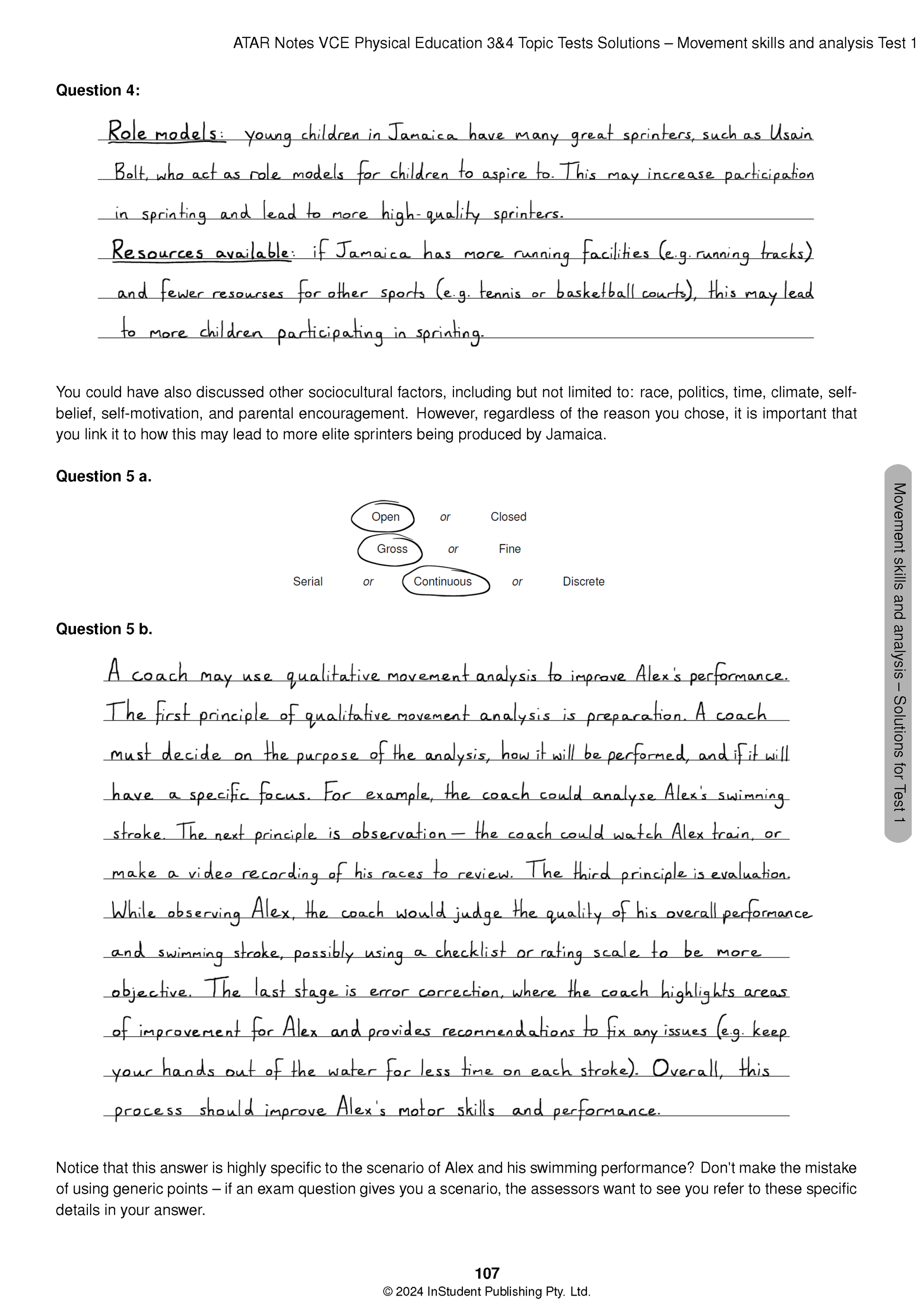 VCE Physical Education Topic Tests solutions page by ATAR Notes, showing handwritten and printed answers for questions 4, 5a, 5b with circled options.