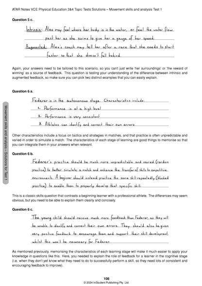 VCE Physical Education Topic Test Solutions by ATAR Notes, featuring questions and handwritten answers on a white page.