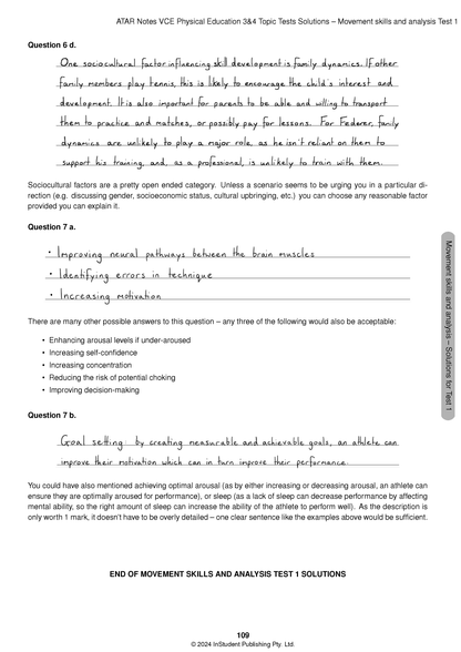 VCE Physical Education Topic Tests by ATAR Notes, displaying a page with handwritten solutions for Movement skills and analysis Test 1.
