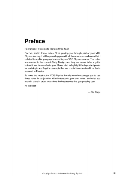 VCE Physics 1&2 Complete Course Notes (2024-2026) by ATAR Notes, a white page with black text showing the Preface section and copyright details.