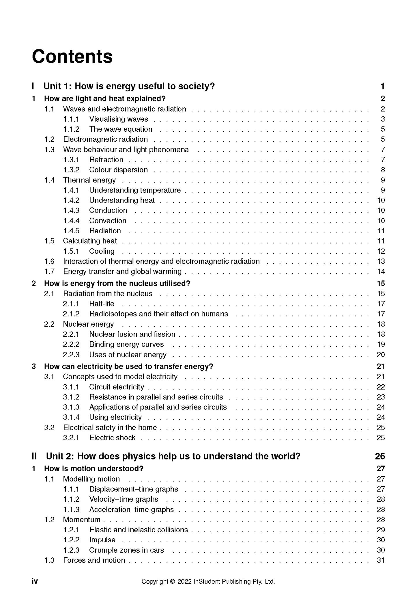 VCE Physics 1&2 Complete Course Notes by ATAR Notes, displaying the Contents page with numbered sections and page numbers.