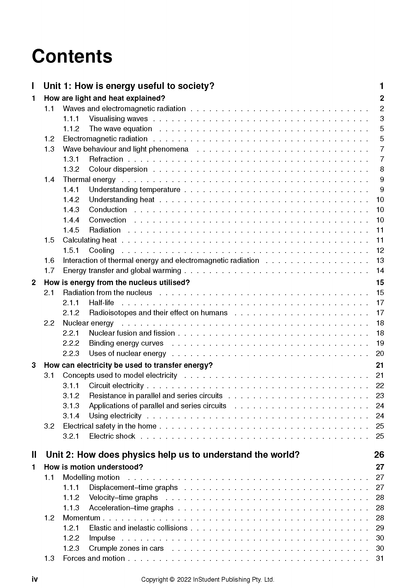 VCE Physics 1&2 Complete Course Notes by ATAR Notes, displaying the Contents page with numbered sections and page numbers.