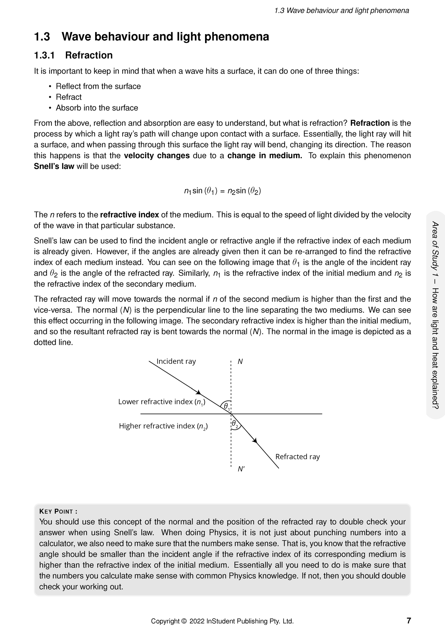 Physics course notes by ATAR Notes, displaying a page about refraction and Snell's law with a ray diagram.