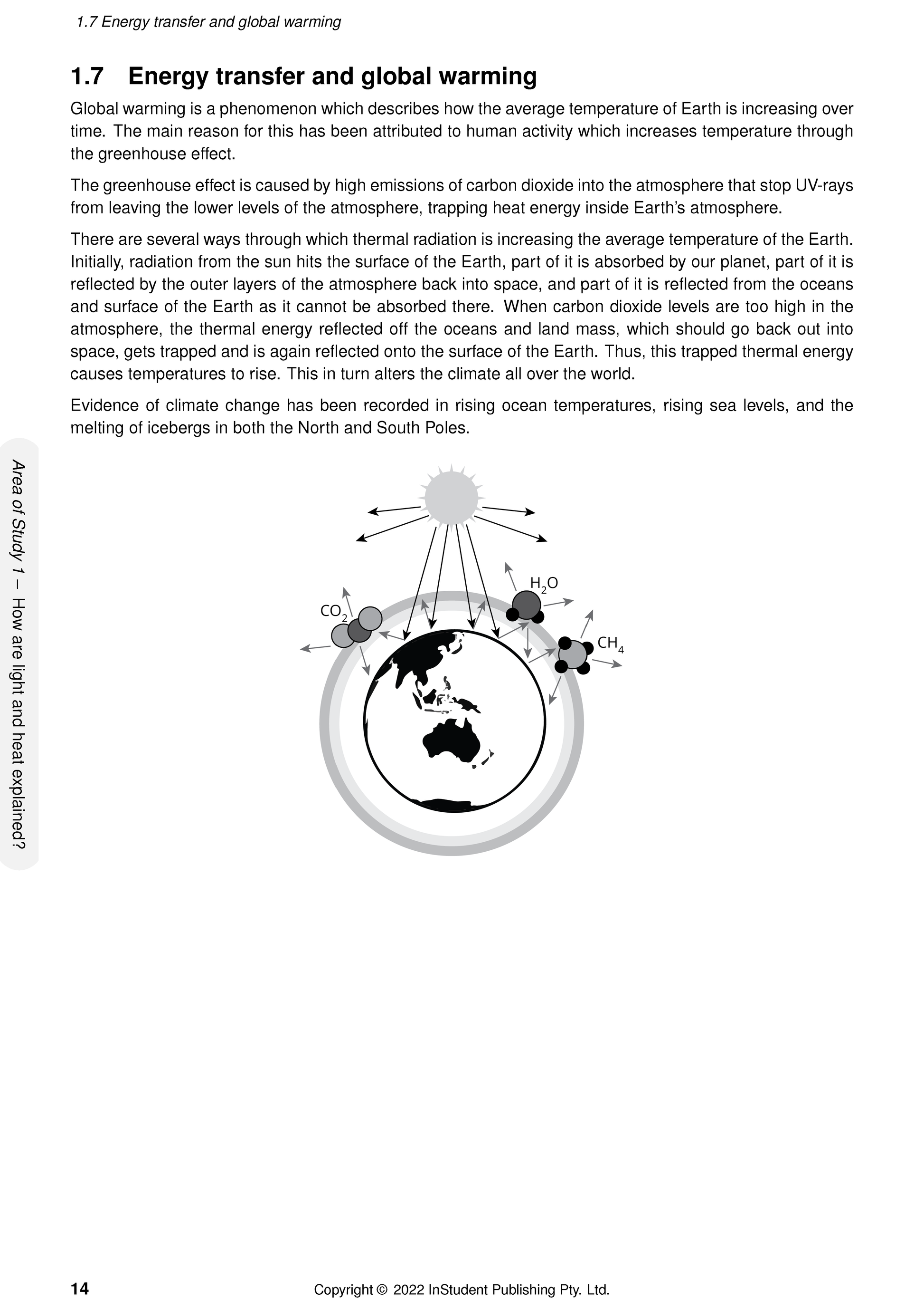VCE Physics 1&2 Course Notes by ATAR Notes, displaying a page about energy transfer, global warming, and the greenhouse effect diagram.