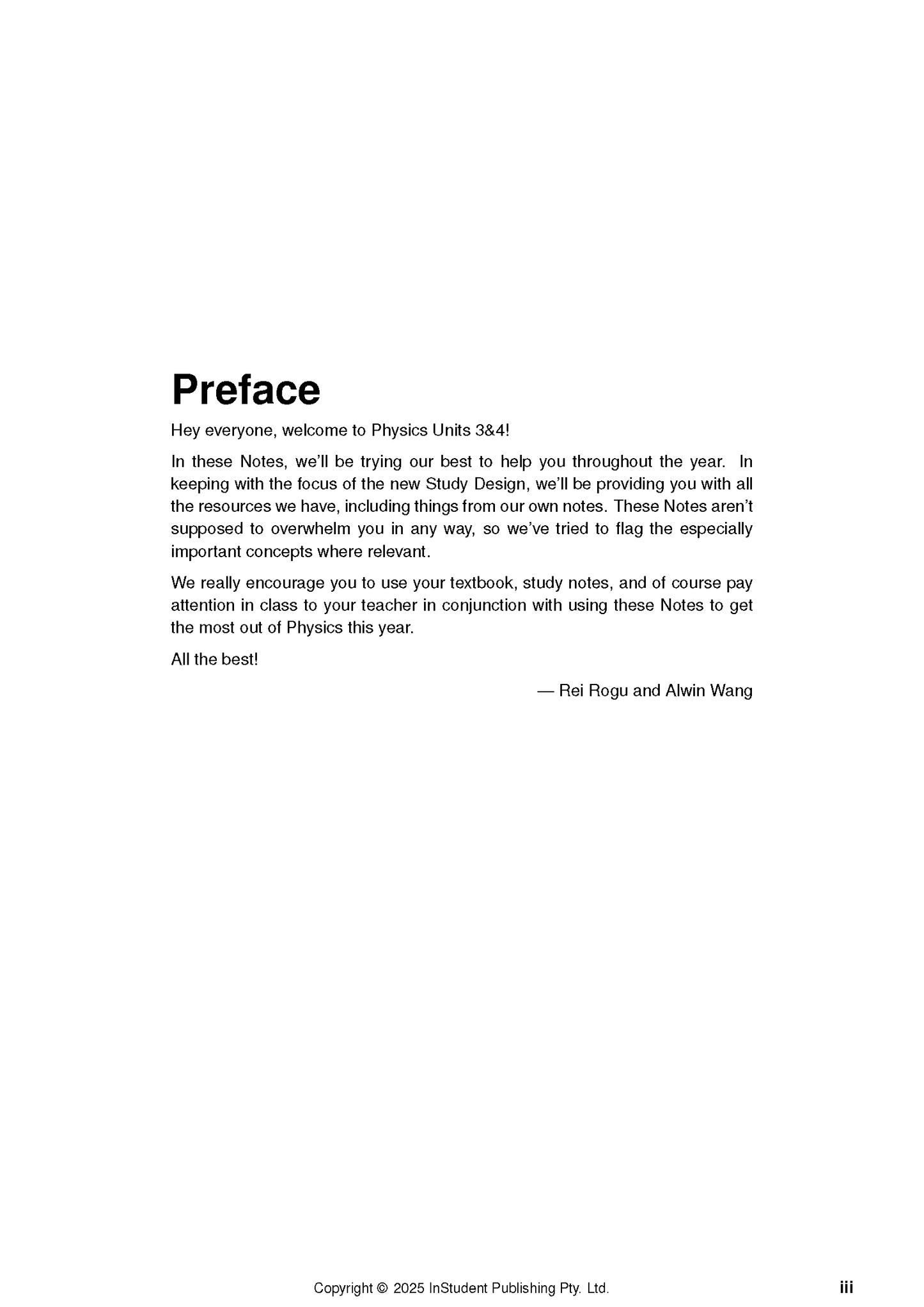 VCE Physics 3&4 Course Notes preface page by ATAR Notes, with black text on a white background and copyright notice.