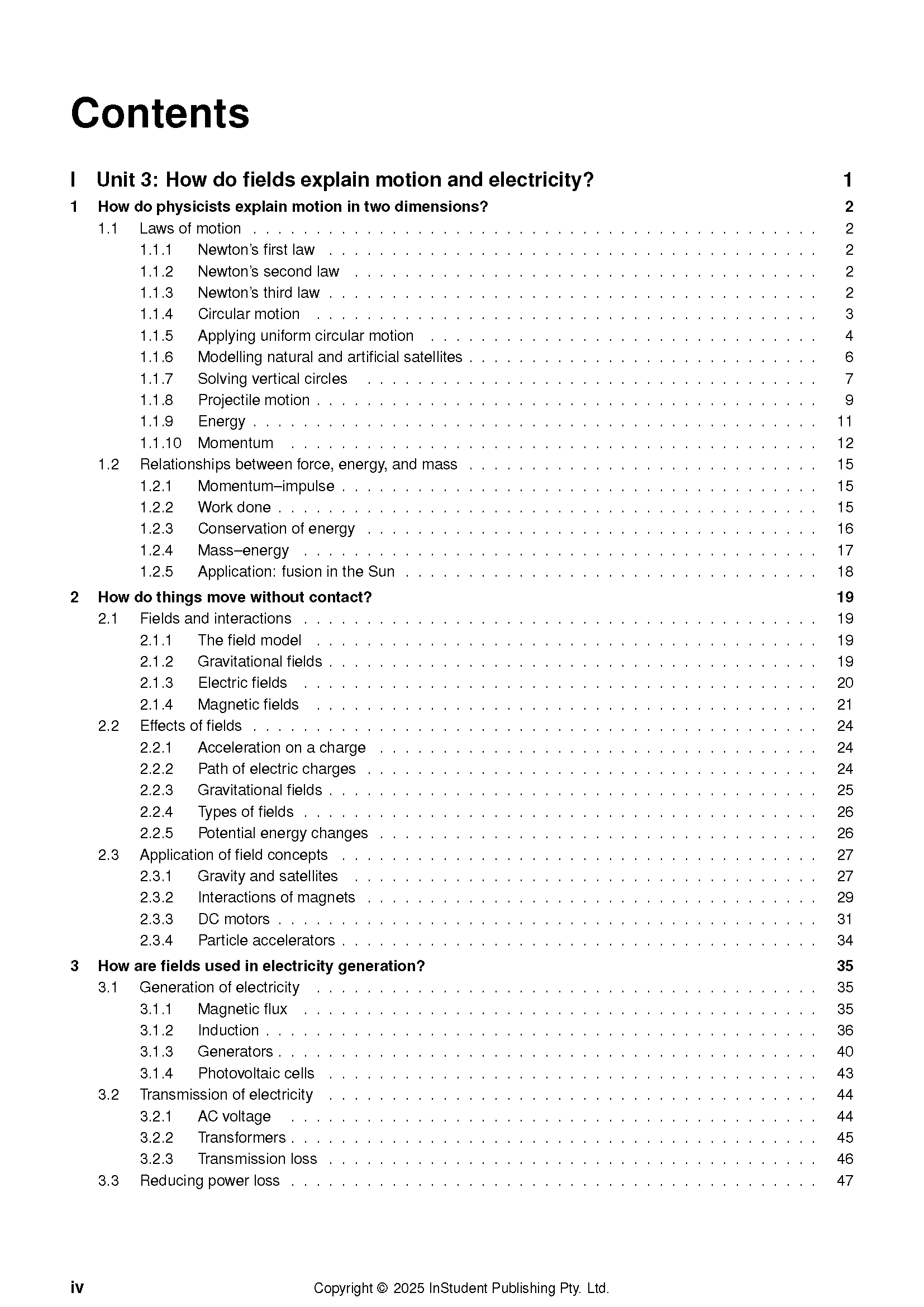 VCE Physics 3&4 (2025-2027) course notes by ATAR Notes, displaying a table of contents with unit topics.
