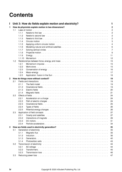 VCE Physics 3&4 (2025-2027) course notes by ATAR Notes, displaying a table of contents with unit topics.