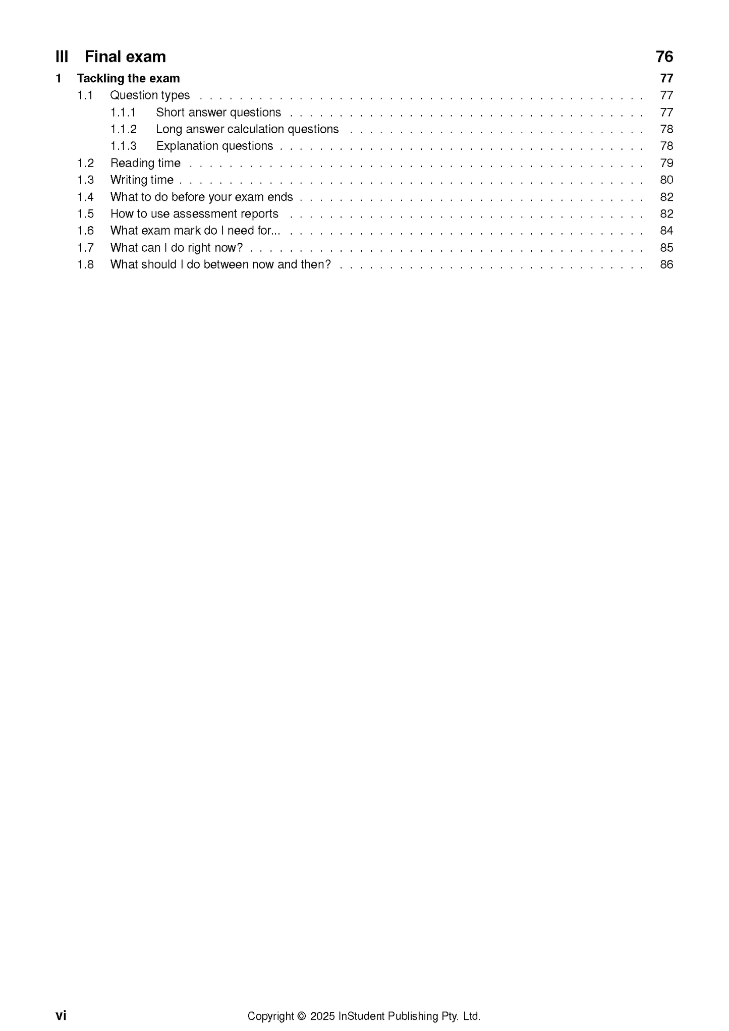 Course Notes page by ATAR Notes, displaying a table of contents with exam preparation topics and 2025 copyright.