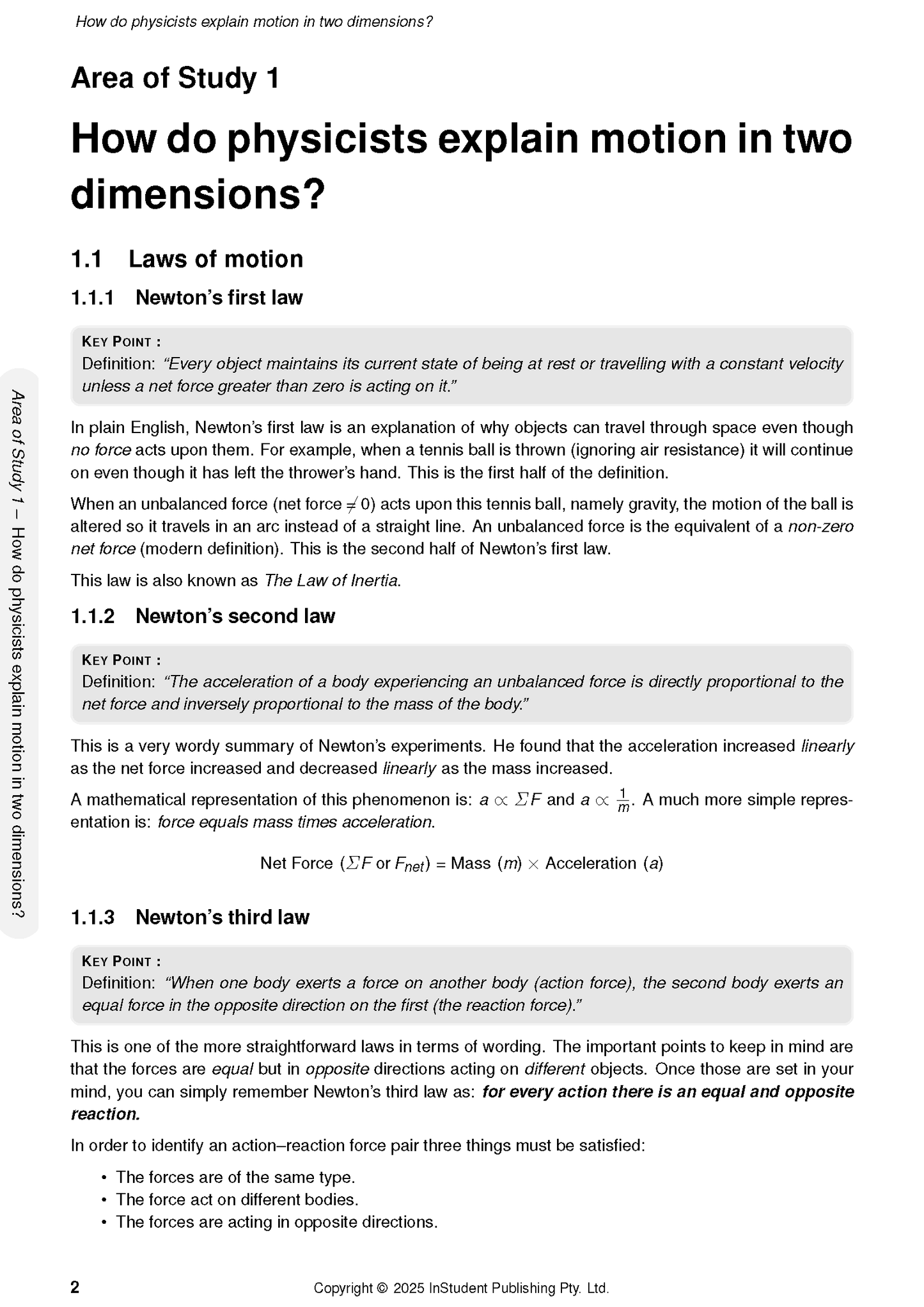 VCE Physics course notes by ATAR Notes, displaying a page on Newton's laws with definitions and formulas.