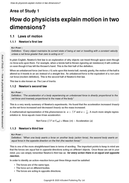 VCE Physics course notes by ATAR Notes, displaying a page on Newton's laws with definitions and formulas.