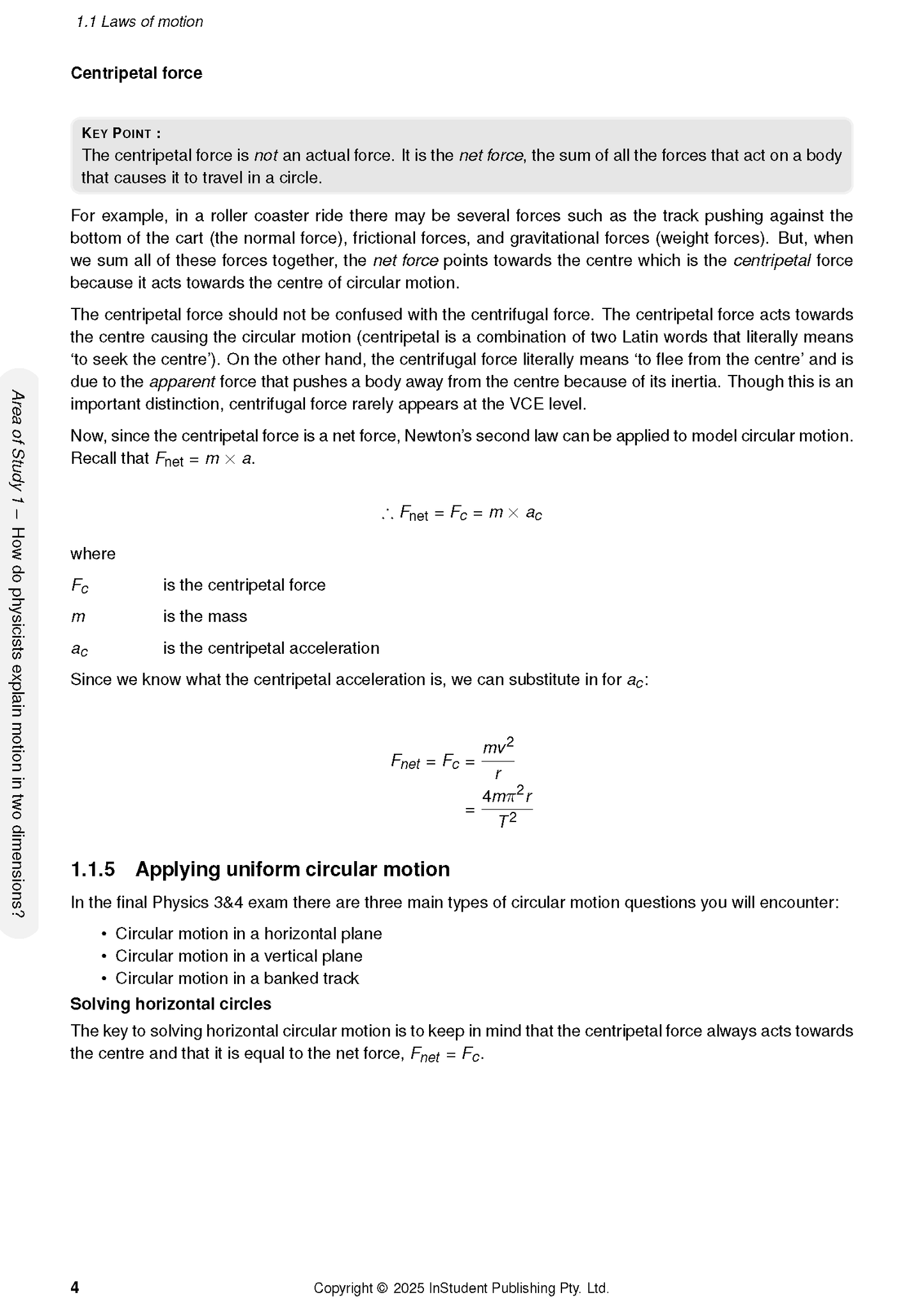 Physics course notes page by ATAR Notes displaying text on centripetal force and mathematical formulas.