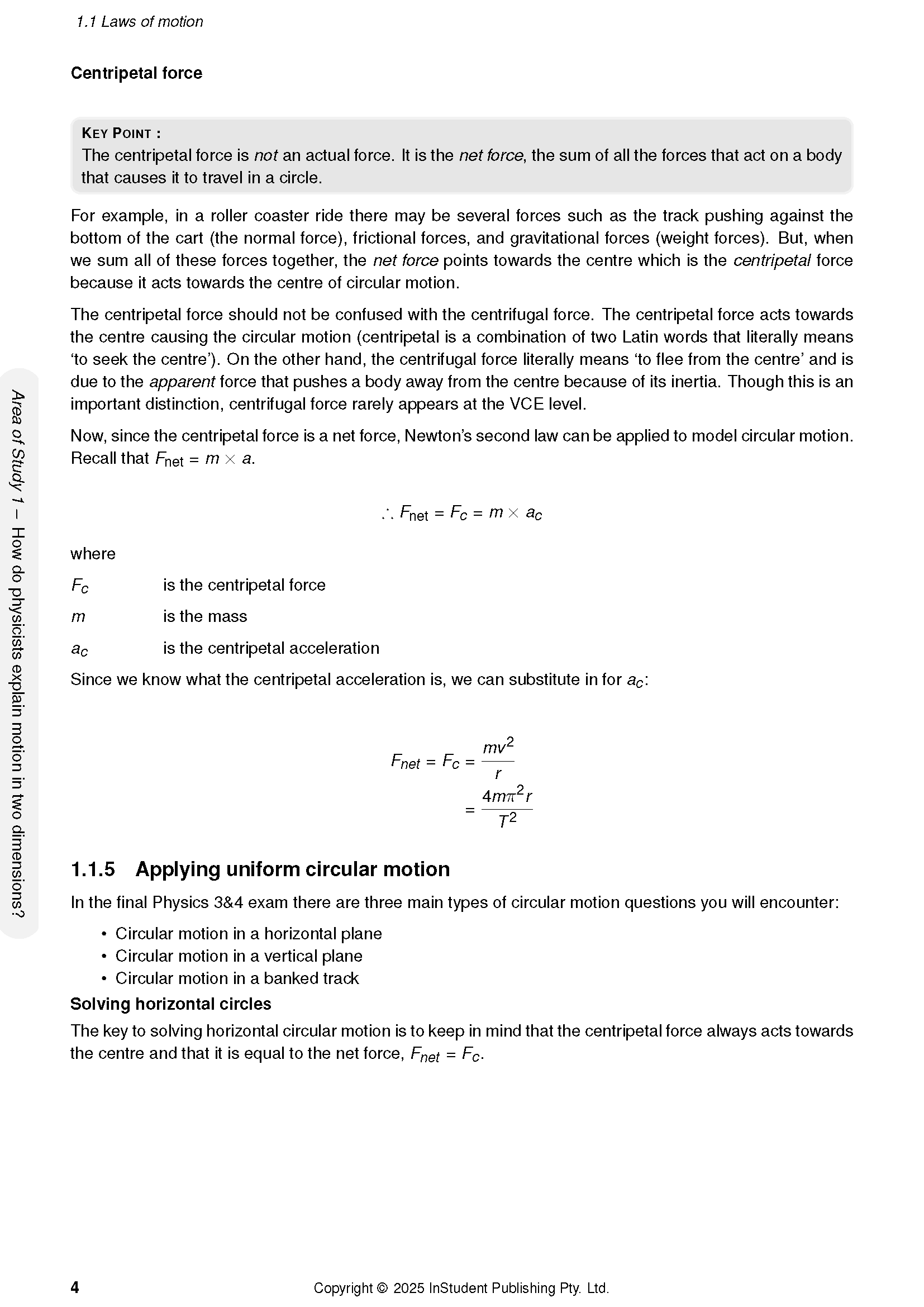 Physics course notes page by ATAR Notes displaying text on centripetal force and mathematical formulas.