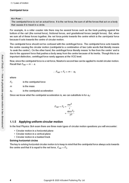 Physics course notes page by ATAR Notes displaying text on centripetal force and mathematical formulas.