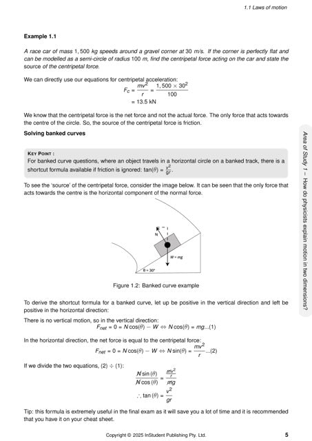 White page from Physics 3&4 Complete Course Notes by ATAR Notes, detailing "1.1 Laws of motion" with centripetal force calculations and a banked curve diagram.