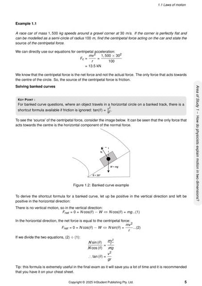 White page from Physics 3&4 Complete Course Notes by ATAR Notes, detailing "1.1 Laws of motion" with centripetal force calculations and a banked curve diagram.