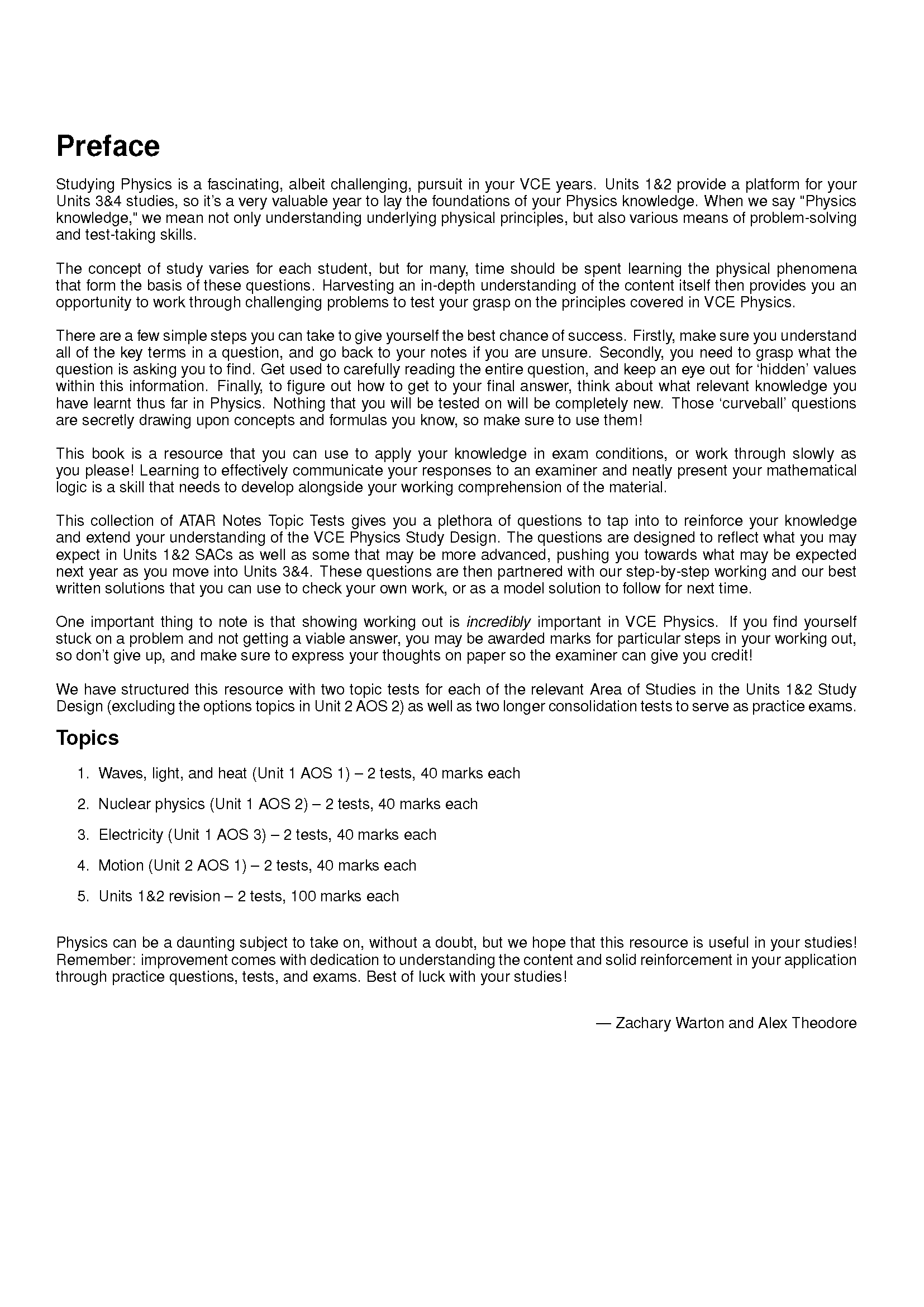 Topic Tests by ATAR Notes, showing the Preface and Topics sections from the book.