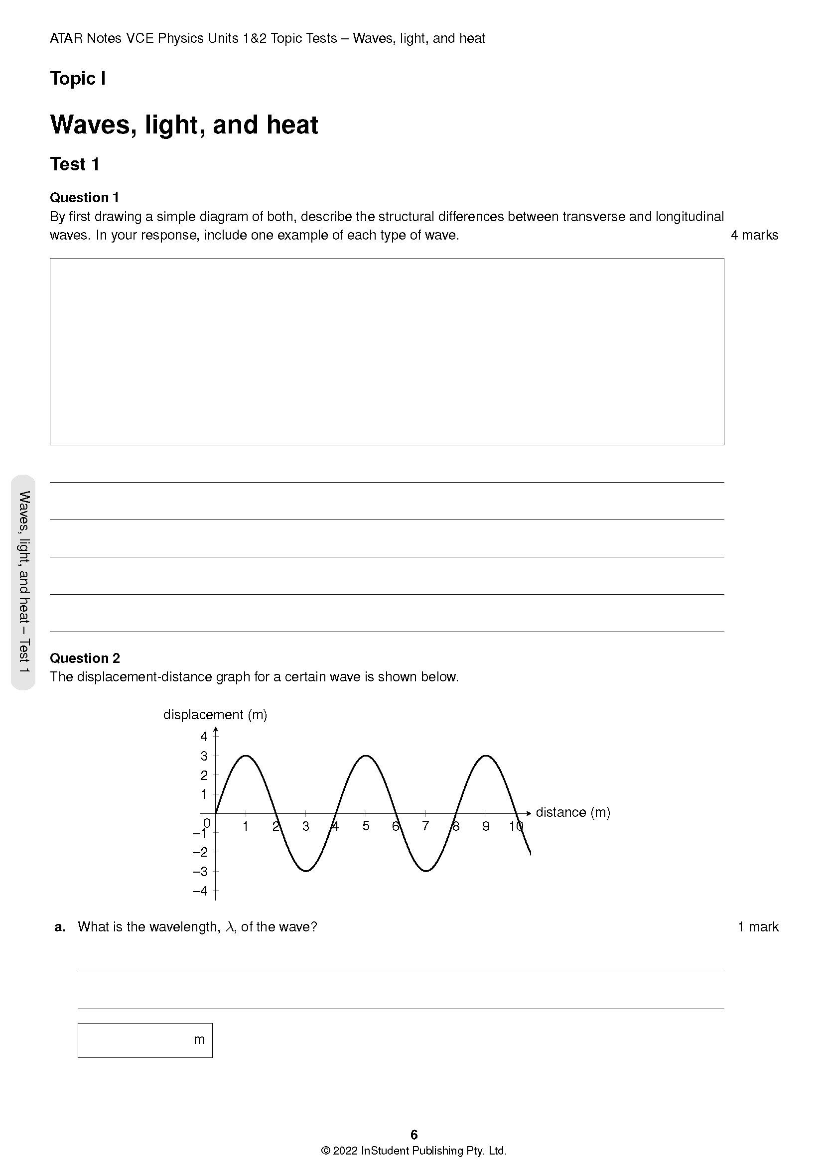 VCE Physics 1&2 Topic Tests by ATAR Notes, a white page displaying wave questions and a displacement graph.