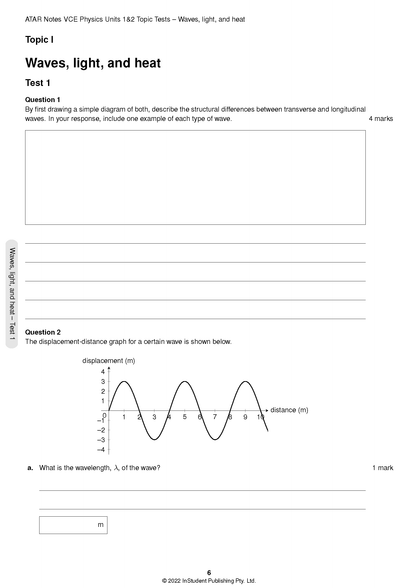 VCE Physics 1&2 Topic Tests by ATAR Notes, a white page displaying wave questions and a displacement graph.