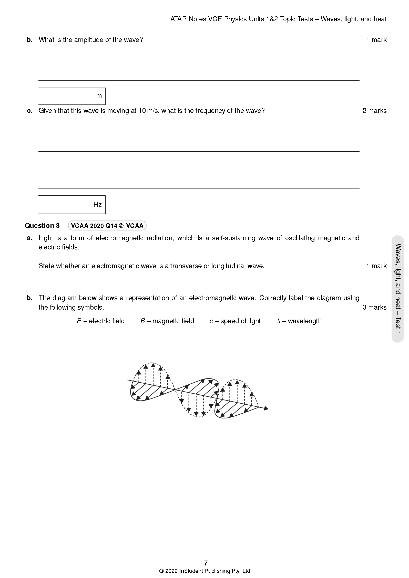 Physics Topic Test page by ATAR Notes, showing questions on waves and an electromagnetic wave diagram.