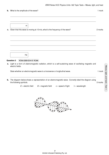 Physics Topic Test page by ATAR Notes, showing questions on waves and an electromagnetic wave diagram.