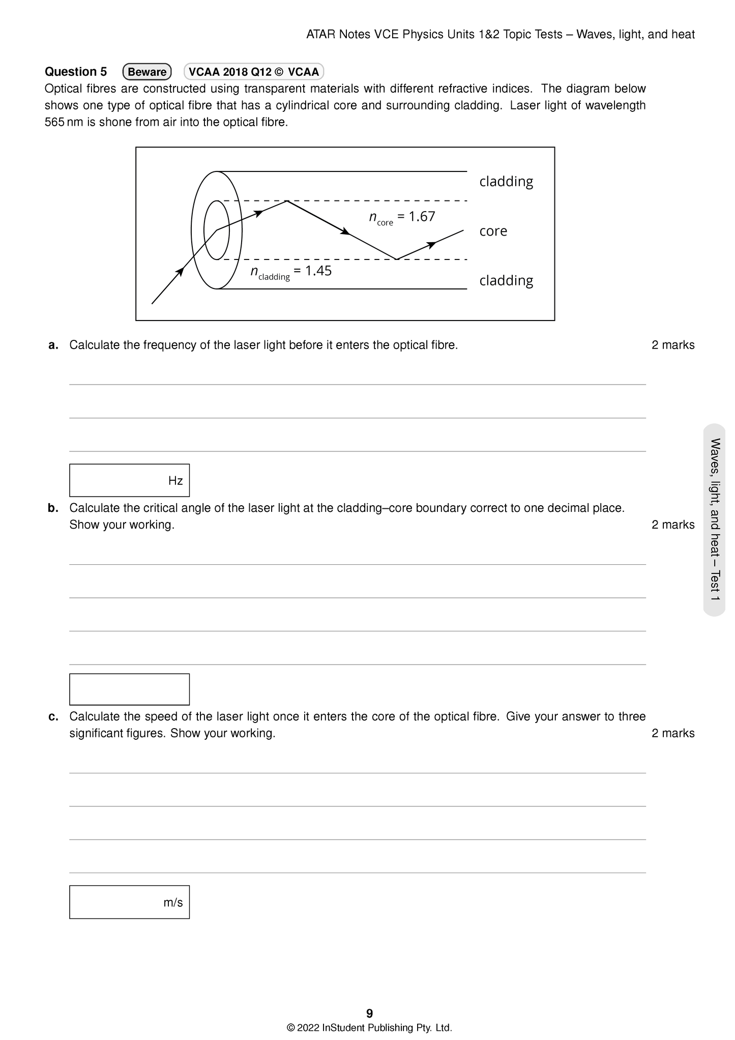 Physics Topic Test page by ATAR Notes, showing an optical fibre question with a diagram and answer fields.