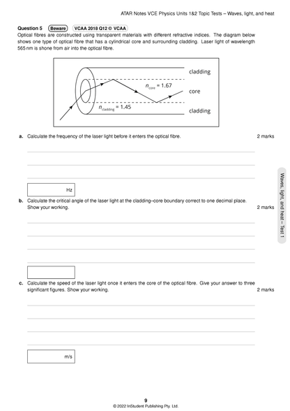 Physics Topic Test page by ATAR Notes, showing an optical fibre question with a diagram and answer fields.