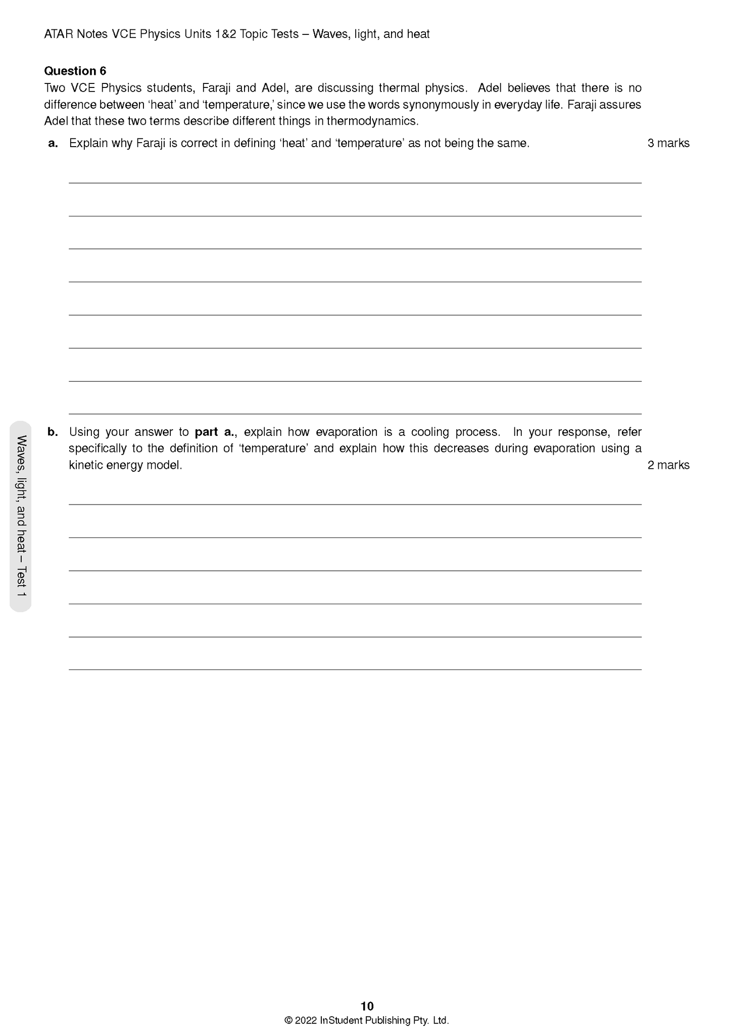 VCE Physics Units 1&2 topic test by ATAR Notes (2024-2026), displaying a page on waves, light, and heat with Question 6.