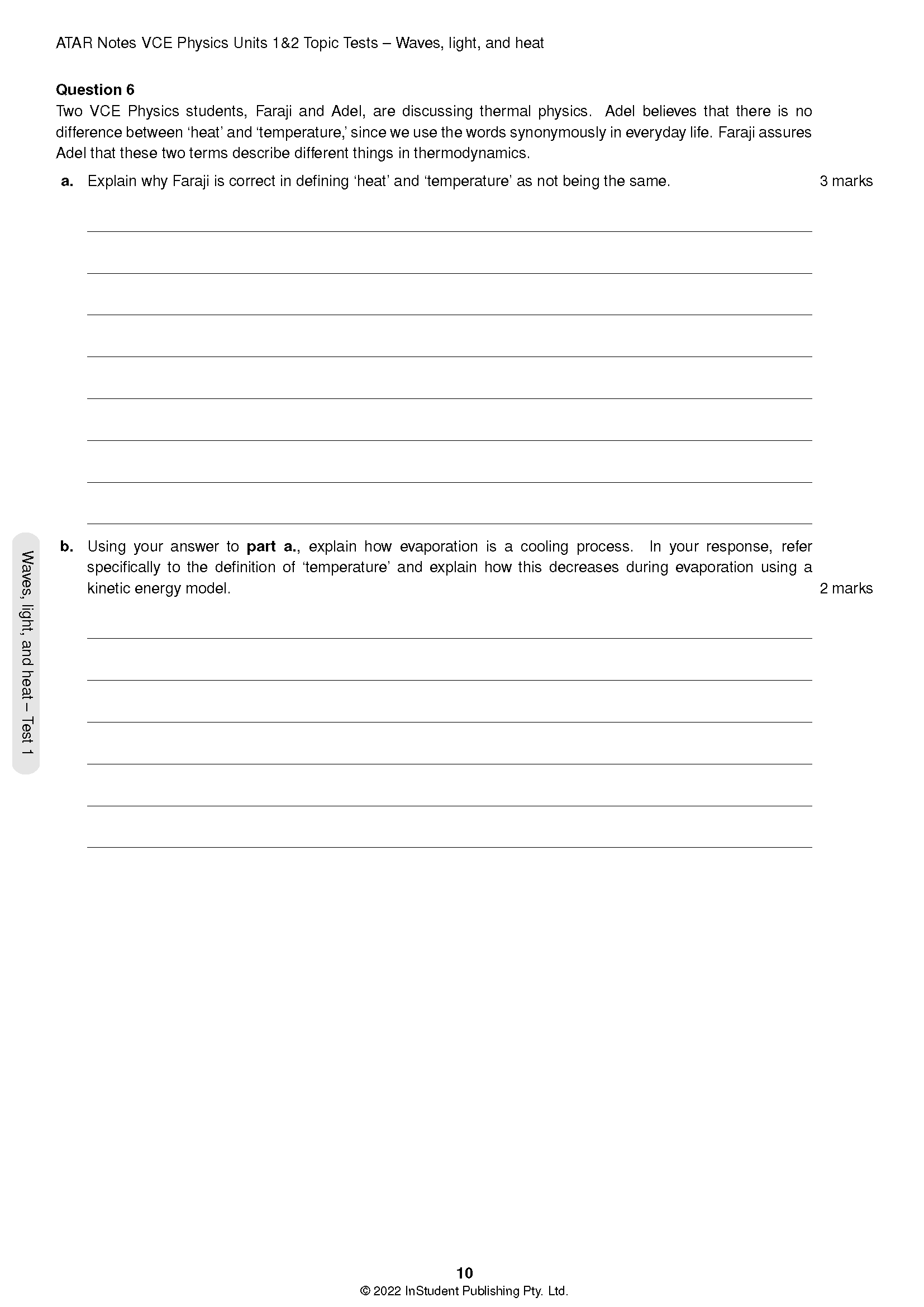 VCE Physics Units 1&2 topic test by ATAR Notes (2024-2026), displaying a page on waves, light, and heat with Question 6.