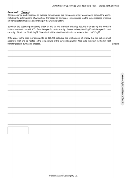Physics 1&2 Topic Tests from ATAR Notes, a white page with a question about icebergs and heat transfer