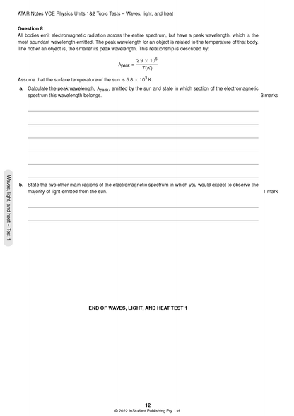 VCE Physics Topic Tests by ATAR Notes, showing a white page with Question 8, formulas, and answer lines.