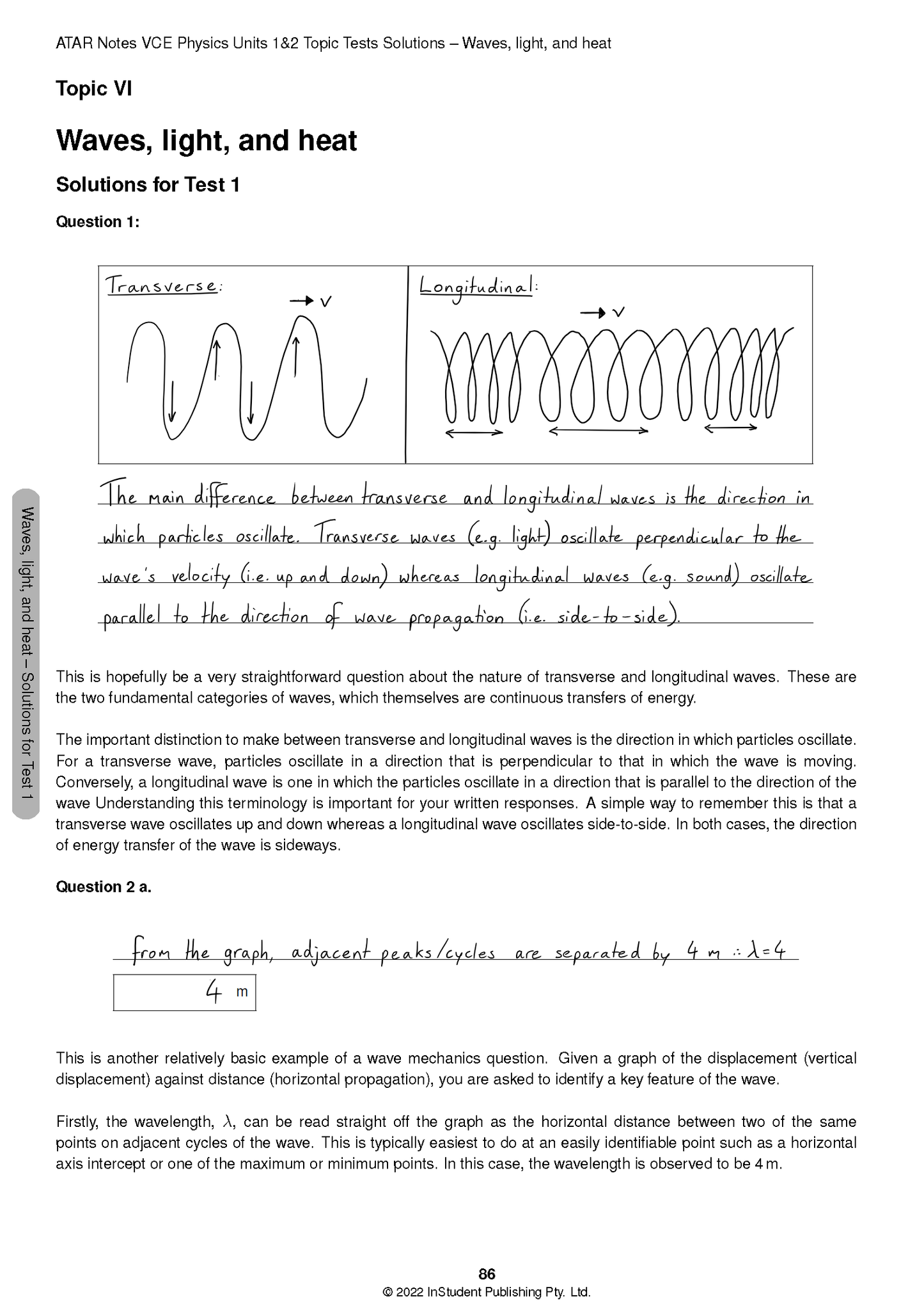 VCE Physics 1&2 Topic Tests by ATAR Notes, featuring page 86 with wave diagrams and handwritten solutions.