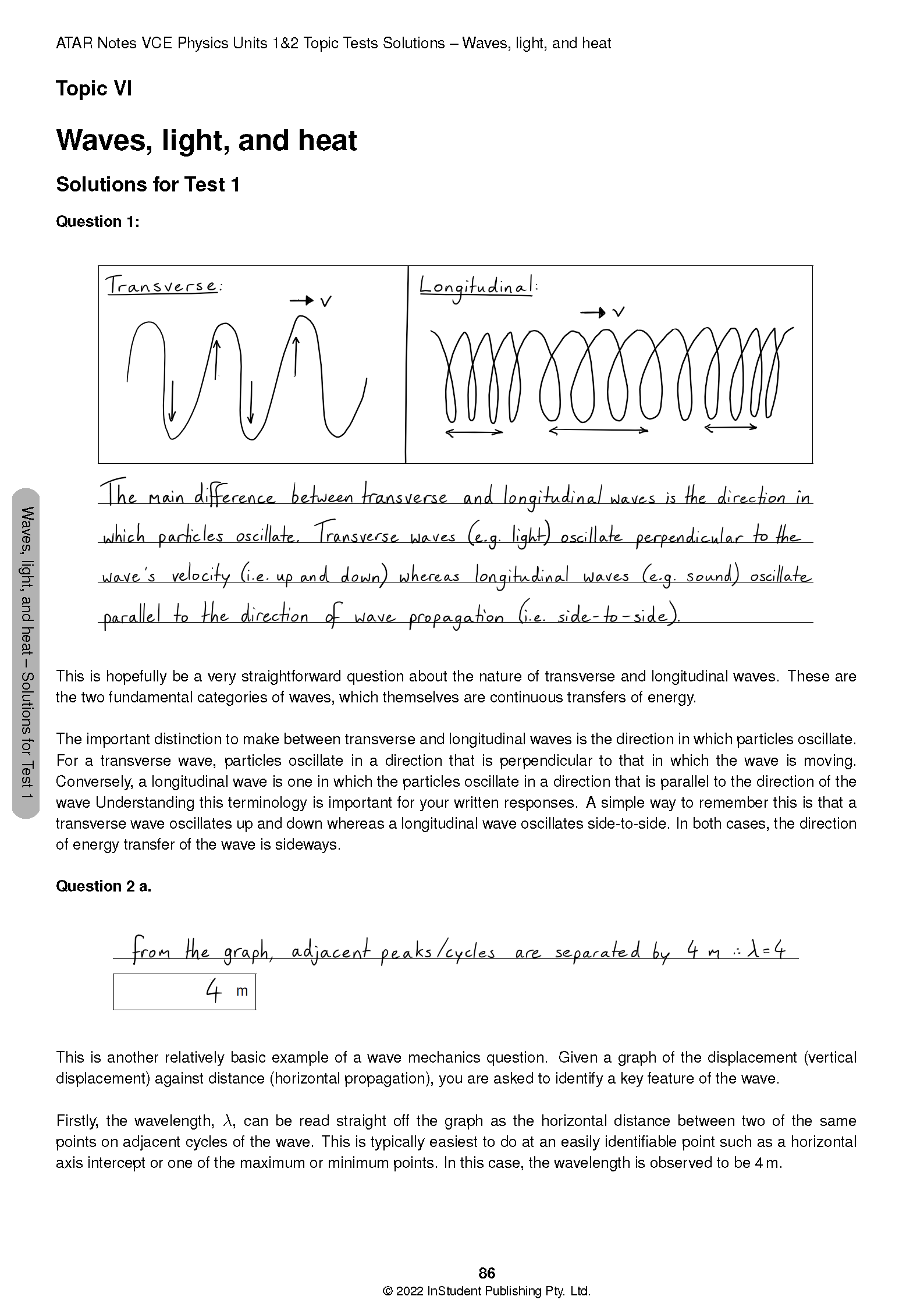VCE Physics 1&2 Topic Tests by ATAR Notes, featuring page 86 with wave diagrams and handwritten solutions.