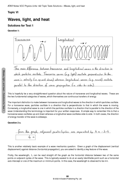 VCE Physics 1&2 Topic Tests by ATAR Notes, featuring page 86 with wave diagrams and handwritten solutions.