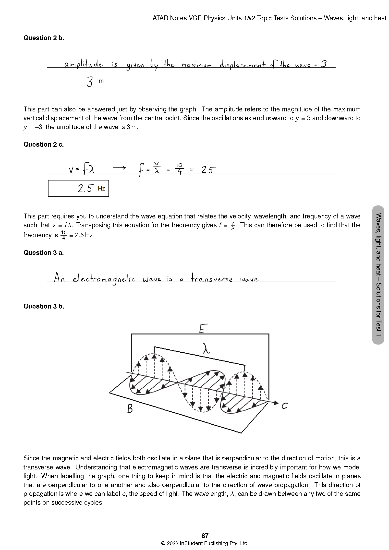 VCE Physics Topic Tests by ATAR Notes, displaying handwritten solutions for waves and electromagnetism questions with diagrams.