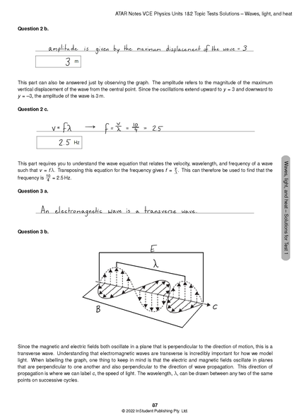 VCE Physics Topic Tests by ATAR Notes, displaying handwritten solutions for waves and electromagnetism questions with diagrams.