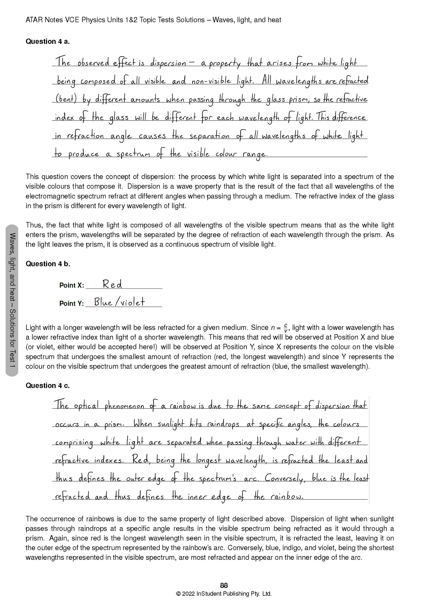 VCE Physics 1&2 Topic Tests (2024-2026) from ATAR Notes, showing a detailed solution page on light dispersion and rainbows.