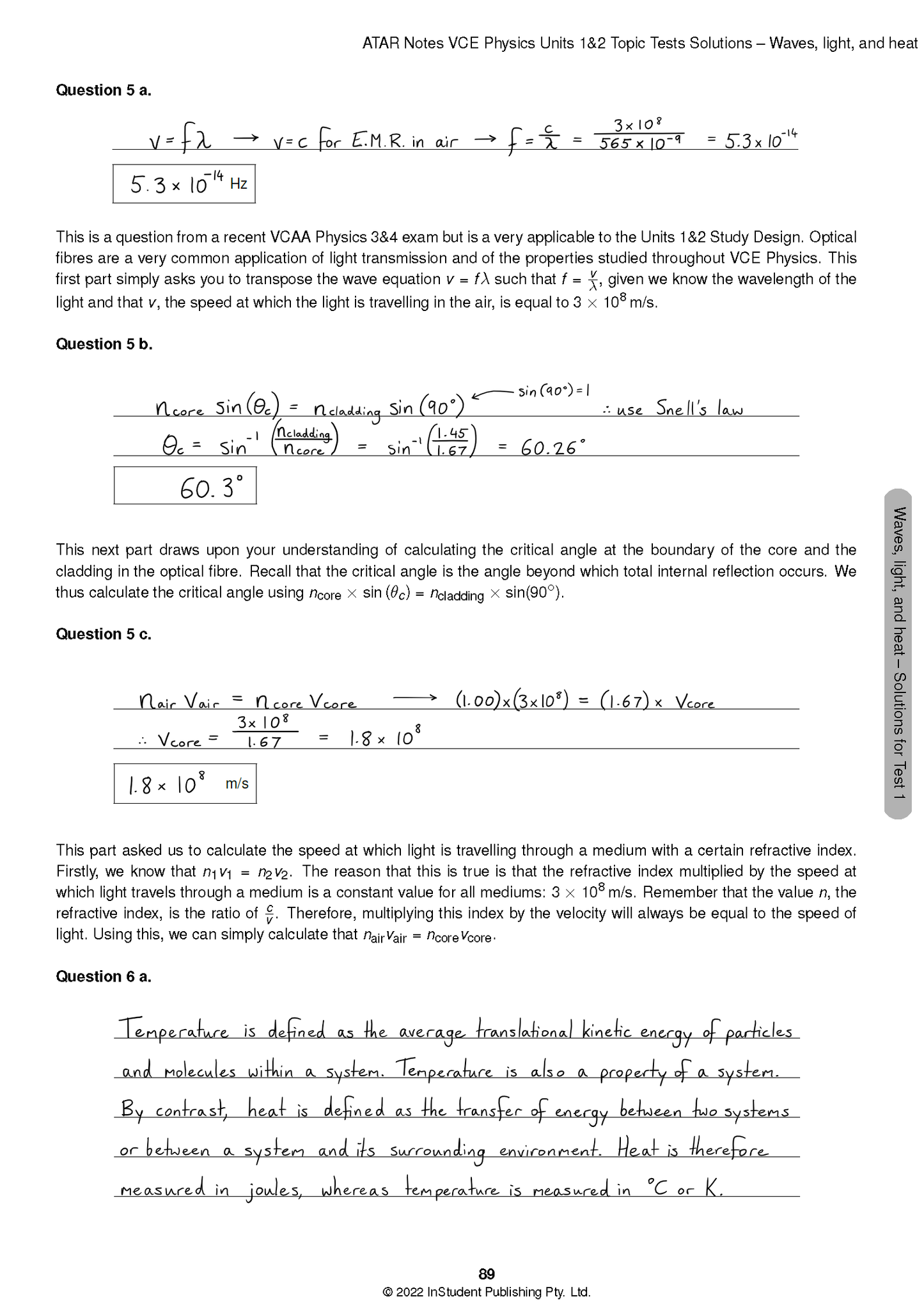 VCE Physics 1&2 Topic Tests (2024-2026) solutions by ATAR Notes, showing handwritten answers for waves and light questions.