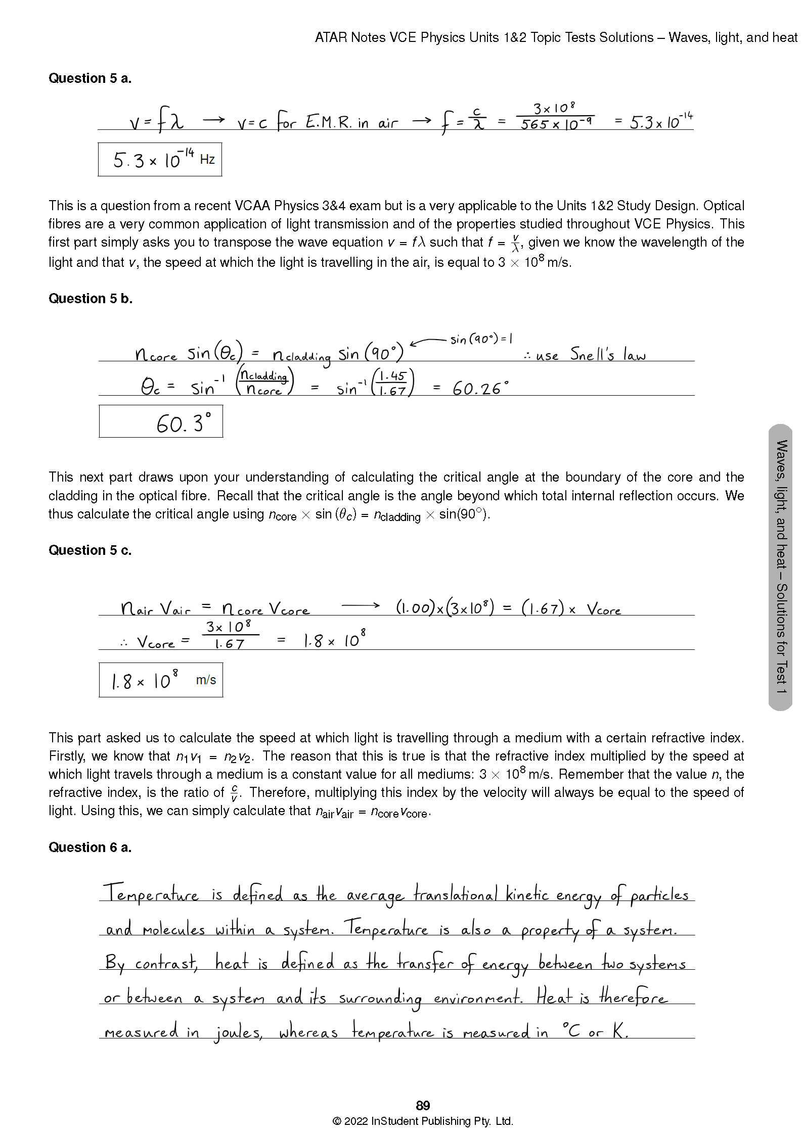 VCE Physics 1&2 Topic Tests (2024-2026) solutions by ATAR Notes, showing handwritten answers for waves and light questions.