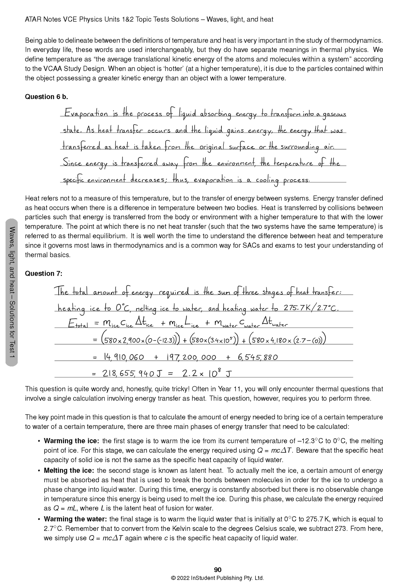 VCE Physics 1&2 Topic Tests solution page by ATAR Notes, displaying handwritten and printed solutions for questions 6b and 7.