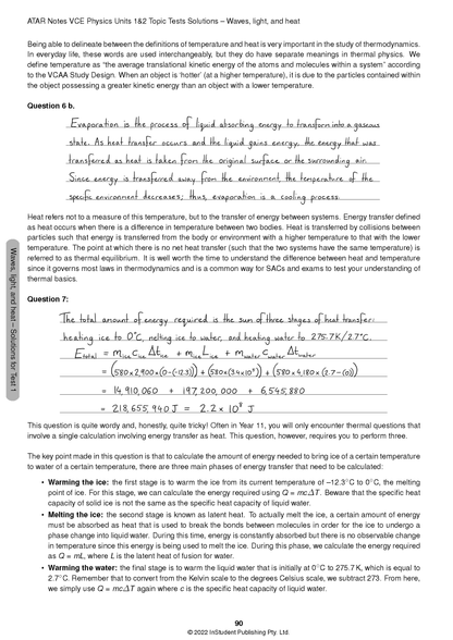 VCE Physics 1&2 Topic Tests solution page by ATAR Notes, displaying handwritten and printed solutions for questions 6b and 7.
